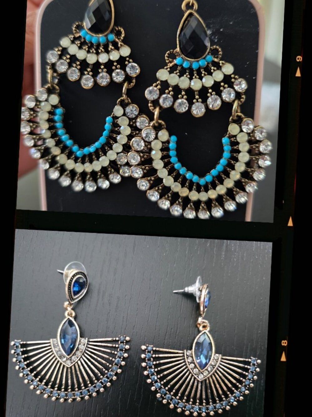 Statement Earring 2-Pair Set Crystal Chandelier Black Turquoise Garba Navratri